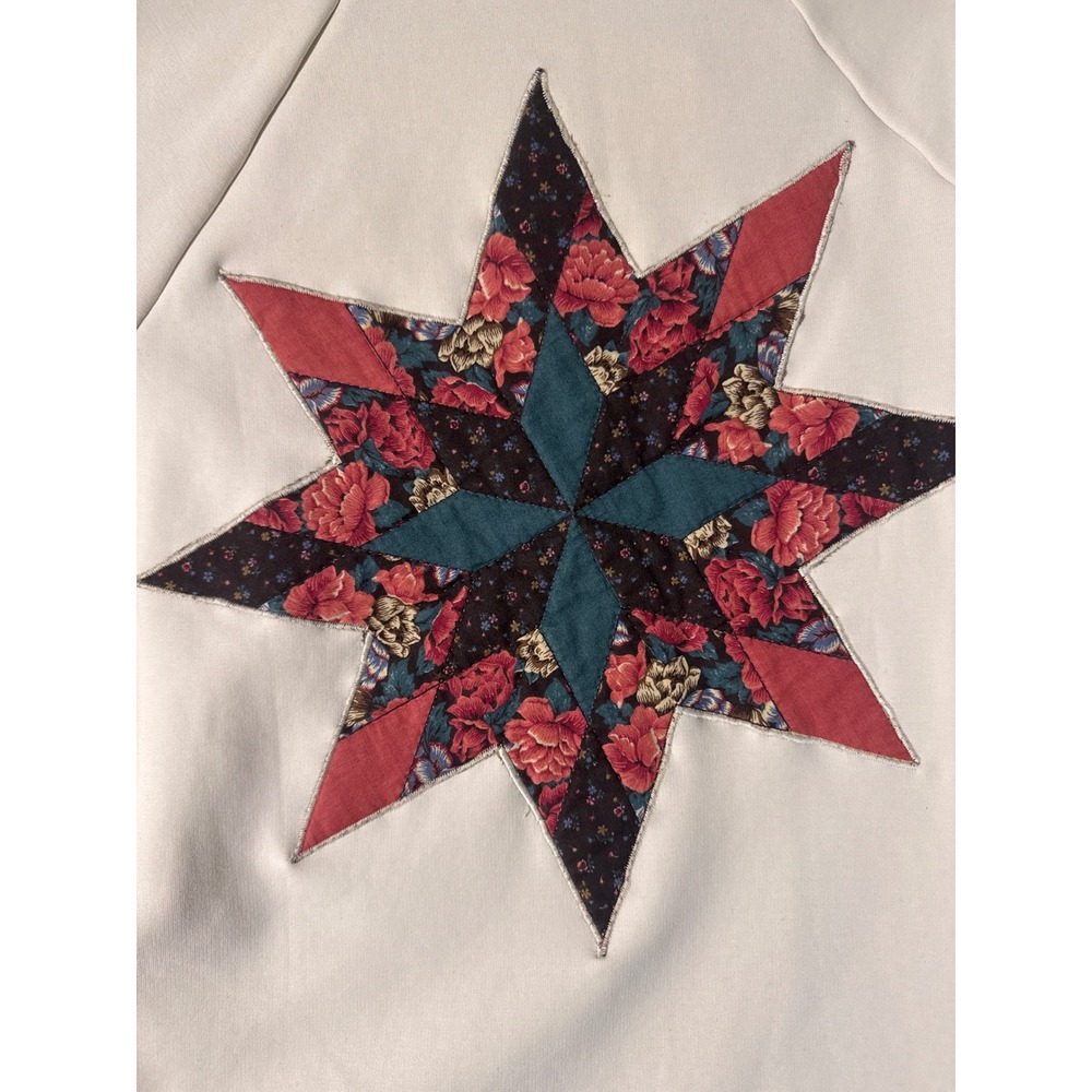 Upcycled Moto Sweatshirt Off White Quilt Star Heart Applique Patchwork Womens M - Picture 8 of 8
